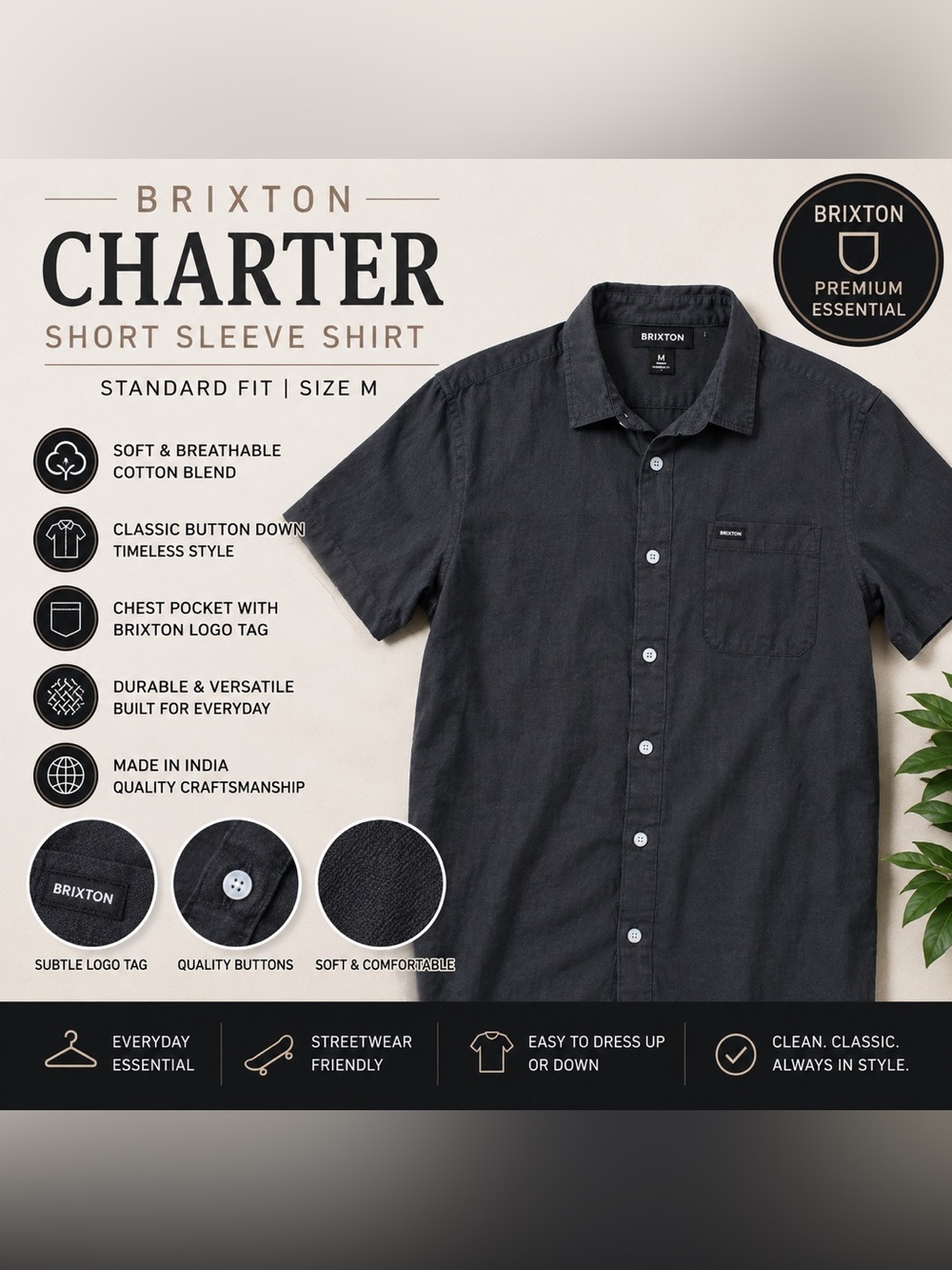 Brixton Men's Charcoal Button Down Shirt